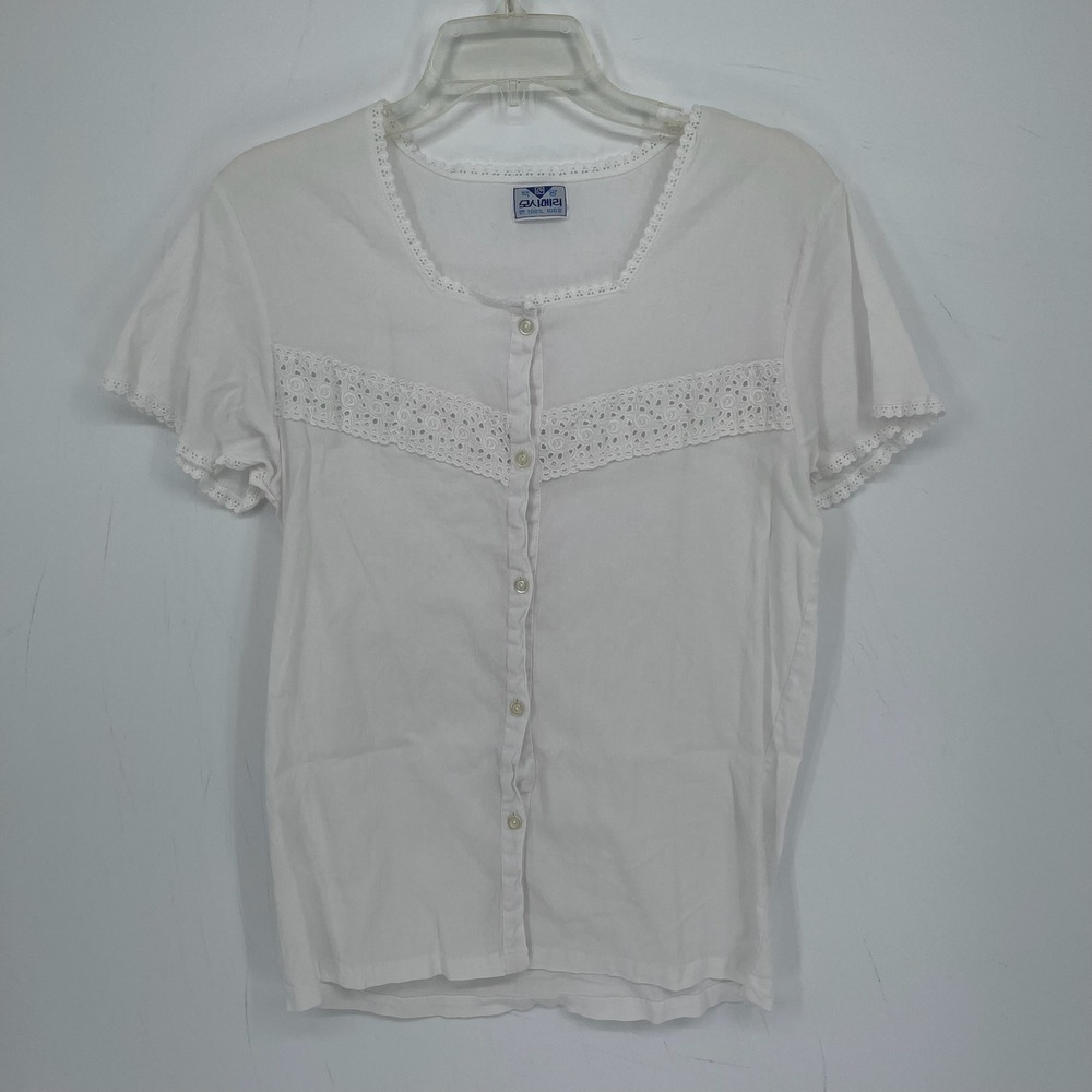 BYC Women's White Eyelet Lace Short Sleeve Button Front Coquette Blouse Size 12